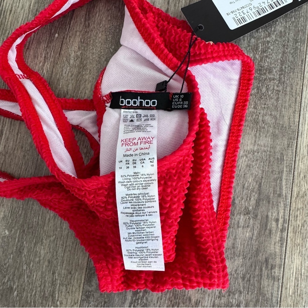 NWT! Boohoo Red Textured Scoop Neck Bralette Bikini Top - Picture 3 of 8